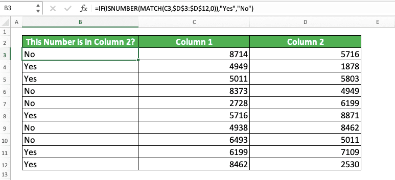 How to Use MATCH Formula in Excel: Function, Example, and Writing Steps - Screenshot of the Example for IF ISNUMBER MATCH Usage and Result in Excel