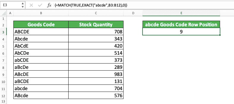 How to Use MATCH Formula in Excel: Function, Example, and Writing Steps - Screenshot of the Example for MATCH TRUE EXACT Usage and Result in Excel