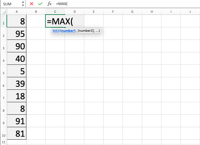 MAX Function in Excel - Screenshot of Step 2