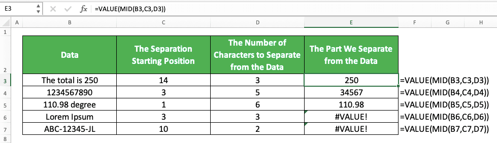 How to Use the MID Function in Excel: Usabilities, Examples, and Its Writing Steps - Screenshot of the VALUE MID Implementation Example