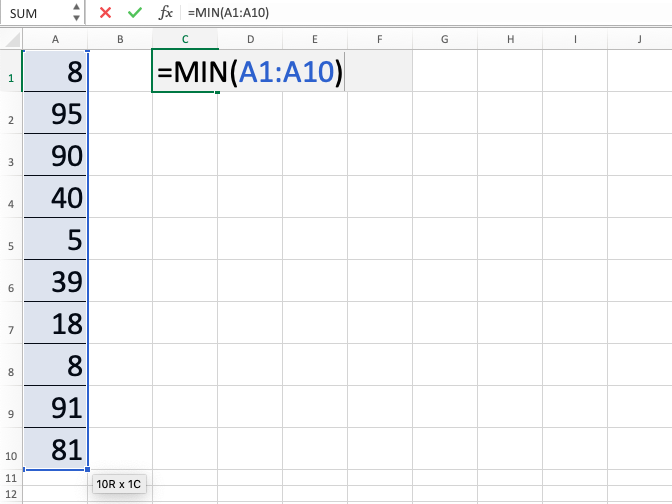 MIN Function in Excel - Screenshot of Step 4