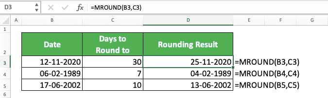 How to Use the MROUND Excel Formula: Functions, Examples, and Writing Steps - Screenshot of the MROUND Implementation Example to Round Date