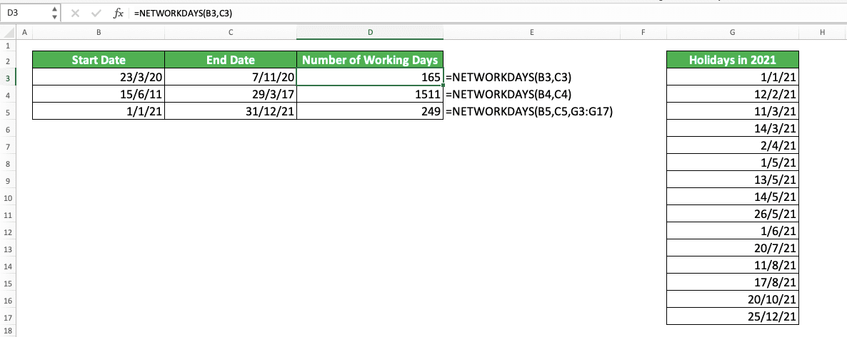 How to Use the NETWORKDAYS Function in Excel: Usabilities, Examples, and Writing Steps - Screenshot of the NETWORKDAYS Implementation Example