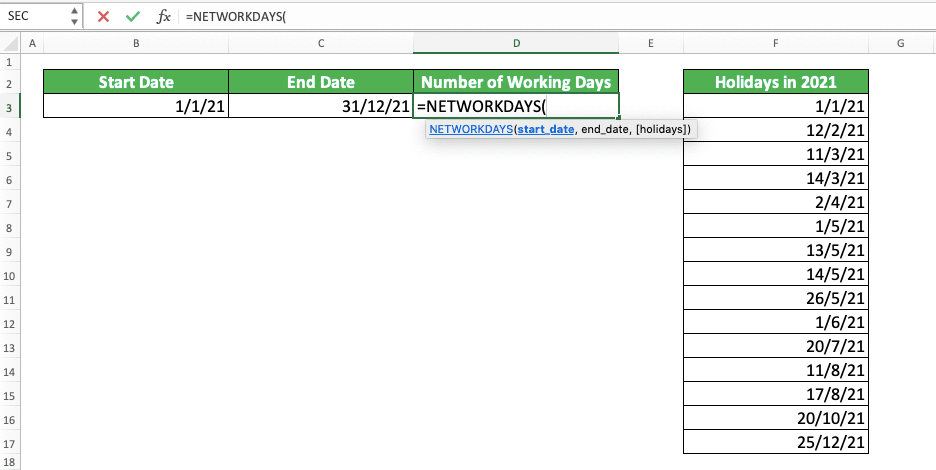 How to Use the NETWORKDAYS Function in Excel: Usabilities, Examples, and Writing Steps - Screenshot of Step 2