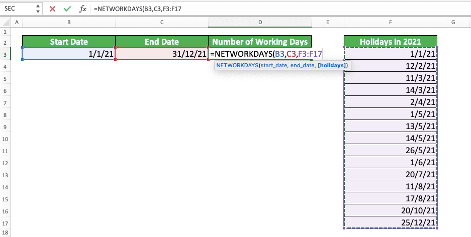 How to Use the NETWORKDAYS Function in Excel: Usabilities, Examples, and Writing Steps - Screenshot of Step 5