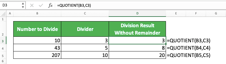 How to Use the QUOTIENT Formula in Excel: Functions, Examples, and Writing Steps - Screenshot of the QUOTIENT Implementation Example