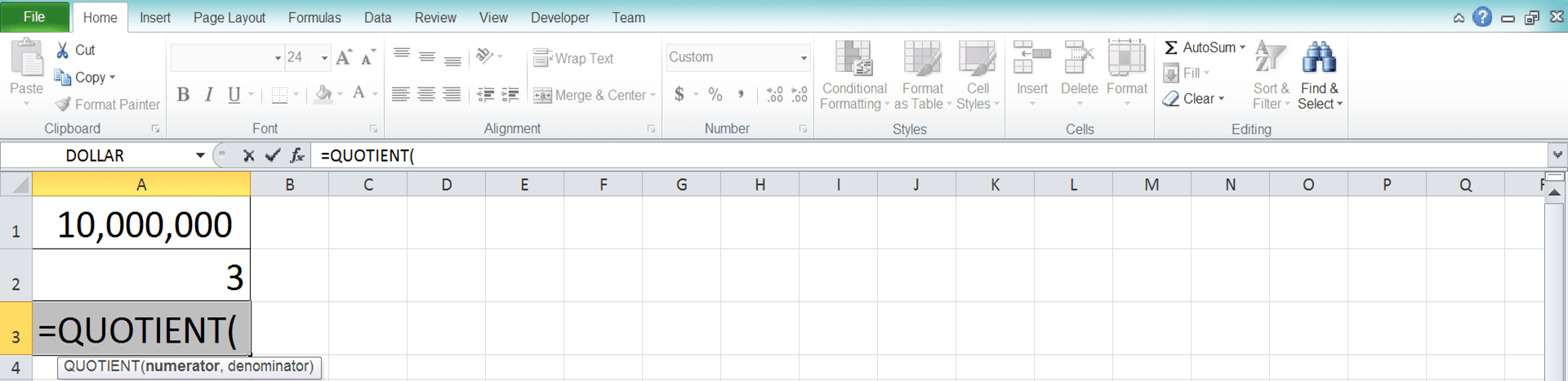 How to Use the QUOTIENT Formula in Excel: Functions, Examples, and Writing Steps - Screenshot of Step 2