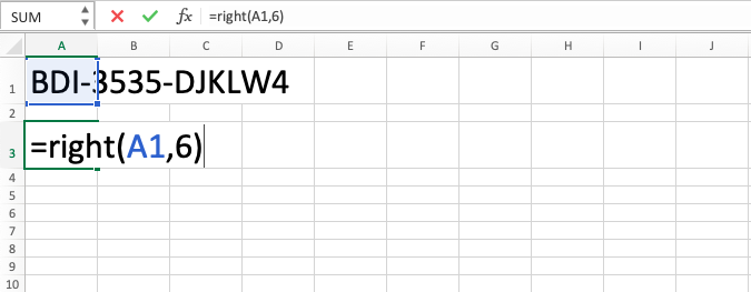 RIGHT Function in Excel - Screenshot of Step 5