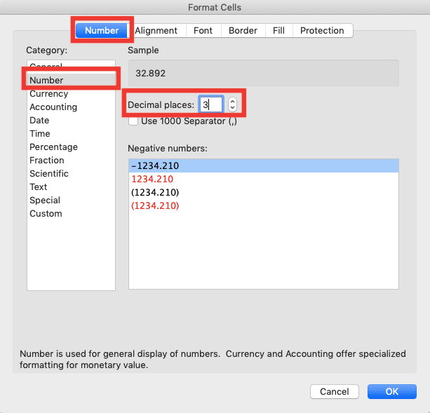 excel shortcuts for decimal places on mac