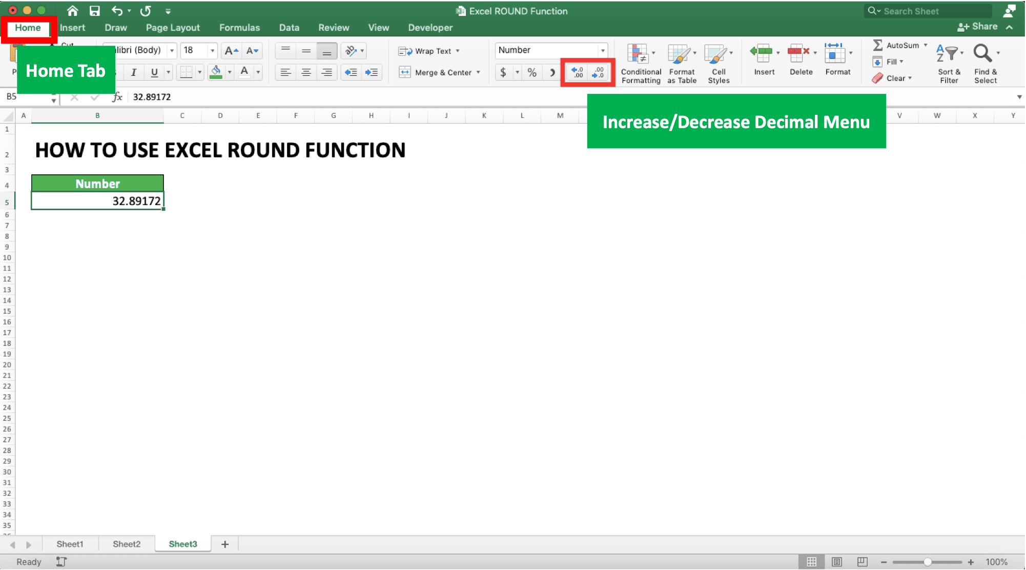How to Use Excel ROUND Function - Screenshot of the Increase/Decrease Decimal Menu Location