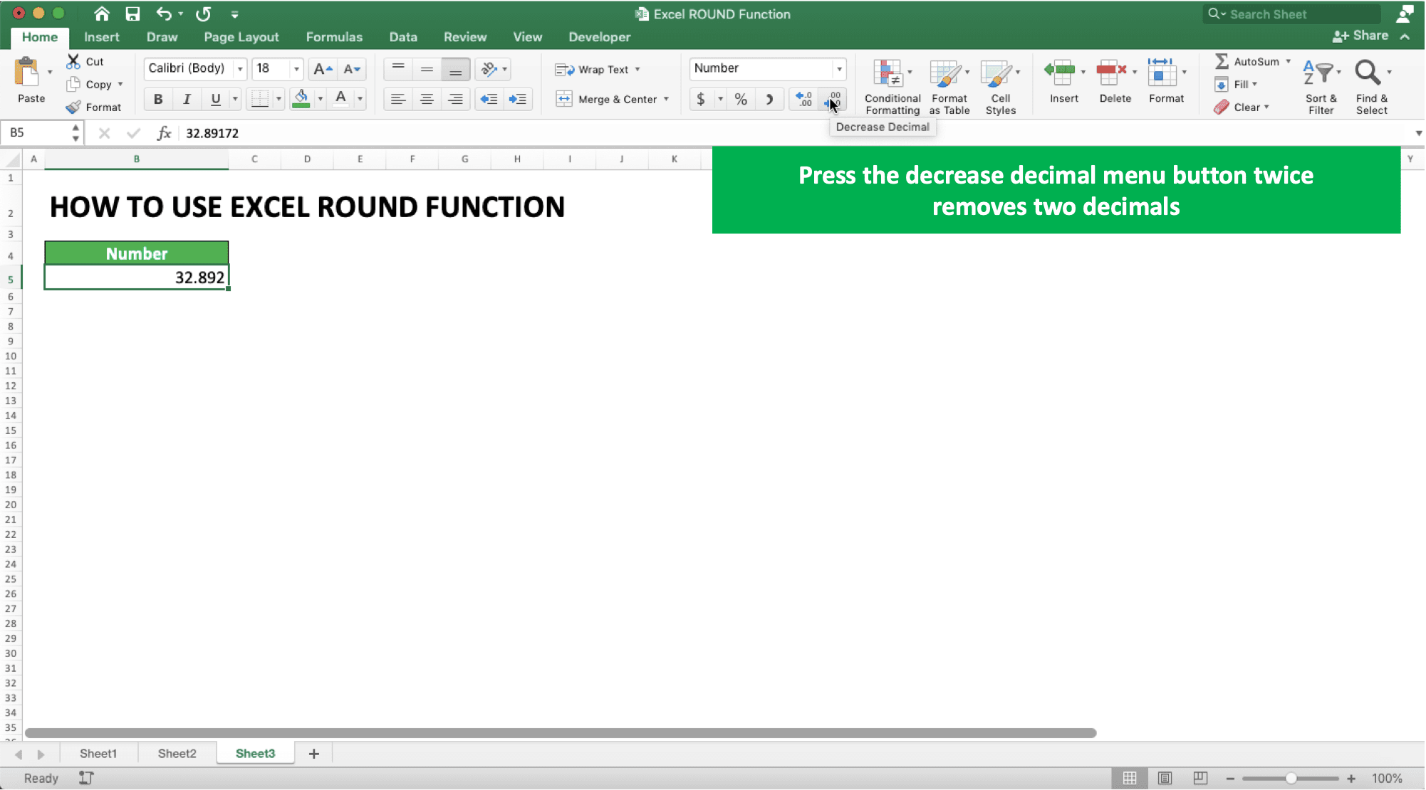 How to Use Excel ROUND Function - Screenshot of the Increase Decimal Menu Usage Example