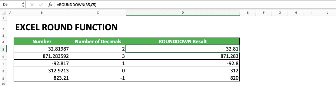 How to Use Excel ROUND Function - Screenshot of the ROUNDDOWN Usage Example