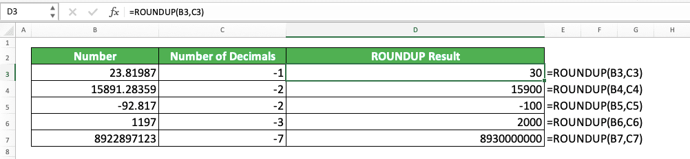 Excel ROUNDUP Formula: Functions, Examples, and How to Use - Screenshot of the ROUNDUP Implementation Example to Round Up a Number to Its Nearest Powered 10 Multiples in Excel
