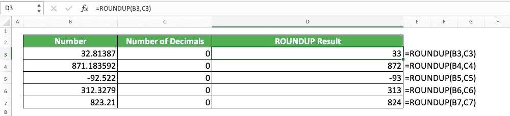 Excel ROUNDUP Formula: Functions, Examples, and How to Use - Screenshot of the ROUNDUP Implementation Example to Round Up a Number to Its Nearest Whole Number Form in Excel