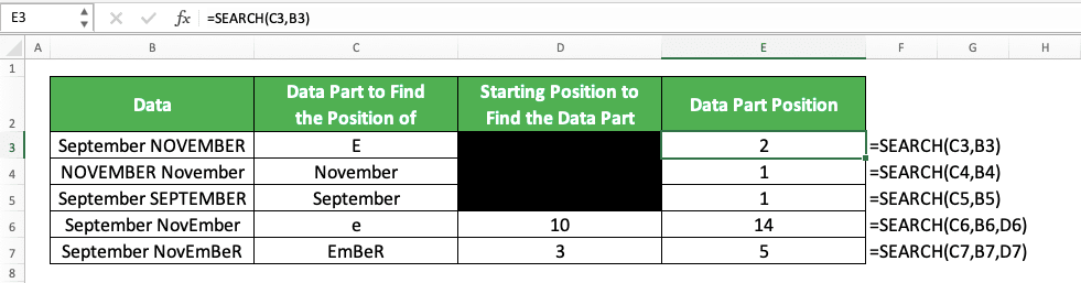 How to Use the SEARCH Function in Excel: Usabilities, Examples, and Writing Steps - Screenshot of the SEARCH Implementation Example on Case-Sensitive Data