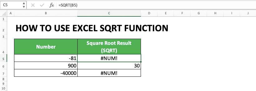 How to Use Excel SQRT Function: Usability, Examples, and Writing Steps - Screenshot of the #NUM Error From SQRT When We Don't Use ABS for Its Negative Number Input