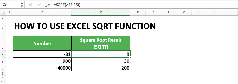 How to Use Excel SQRT Function: Usability, Examples, and Writing Steps - Screenshot of the SQRT ABS Combination Example and Its Impact