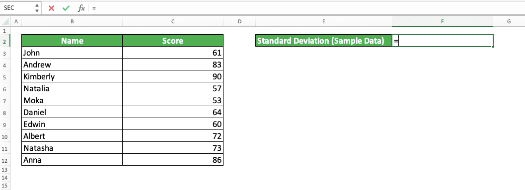 How to Use the STDEV Formula in Excel: Functions, Examples and Writing Steps - Screenshot of Step 1