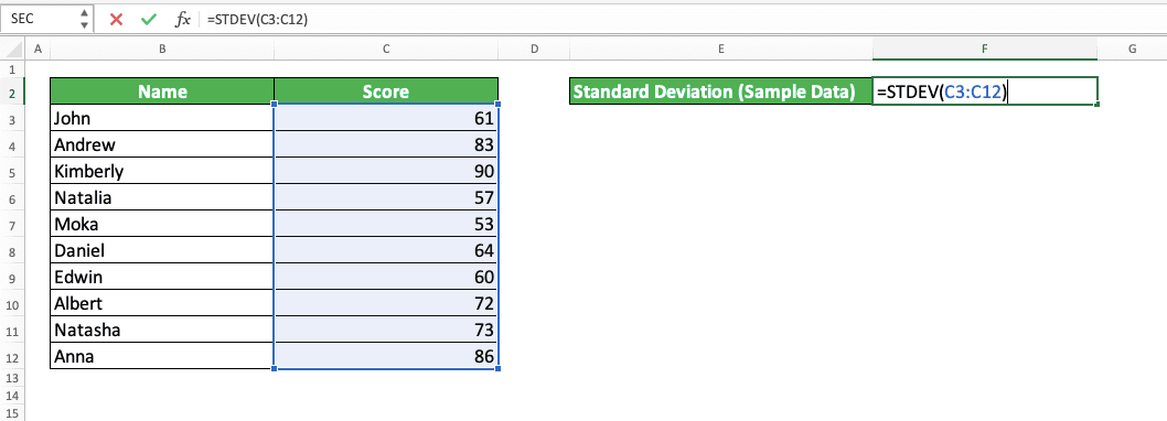 How to Use the STDEV Formula in Excel: Functions, Examples and Writing Steps - Screenshot of Step 4