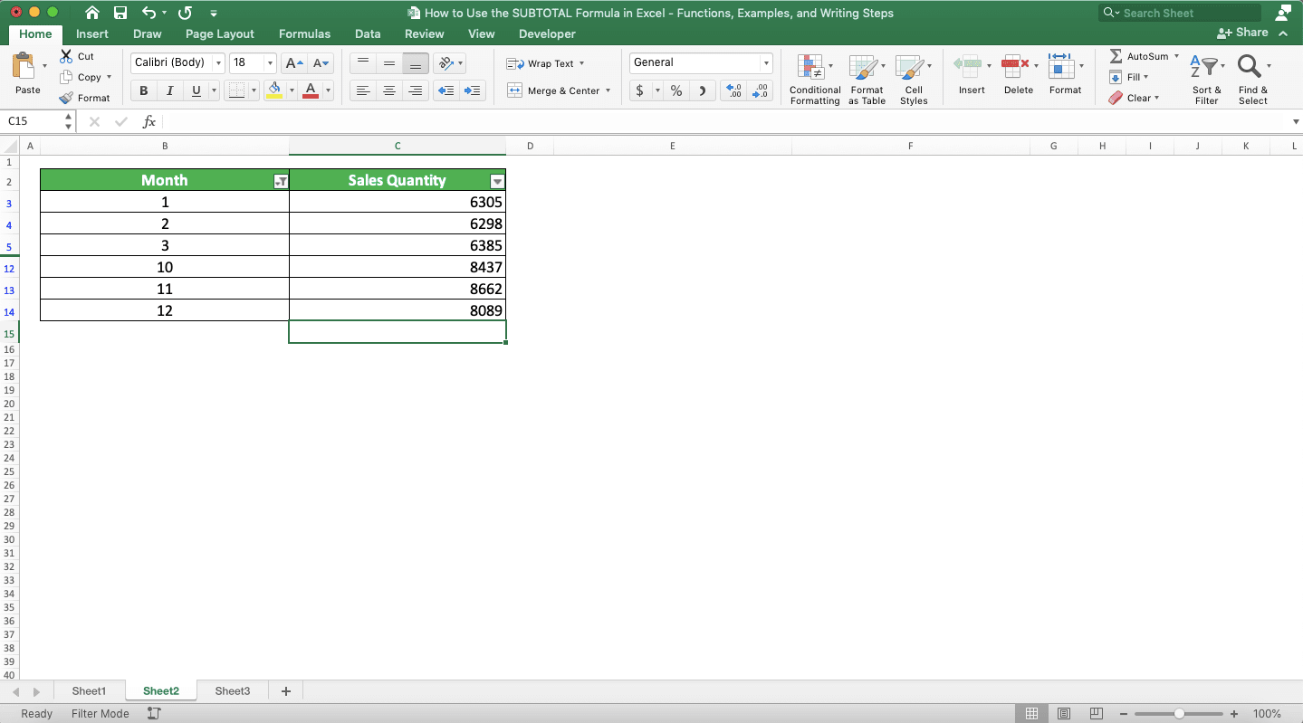 How to Use the SUBTOTAL Formula in Excel: Functions, Examples, and Writing Steps - Screenshot of the Cell Placement Example for the AutoSum Implementation to Create a SUBTOTAL Formula in Excel