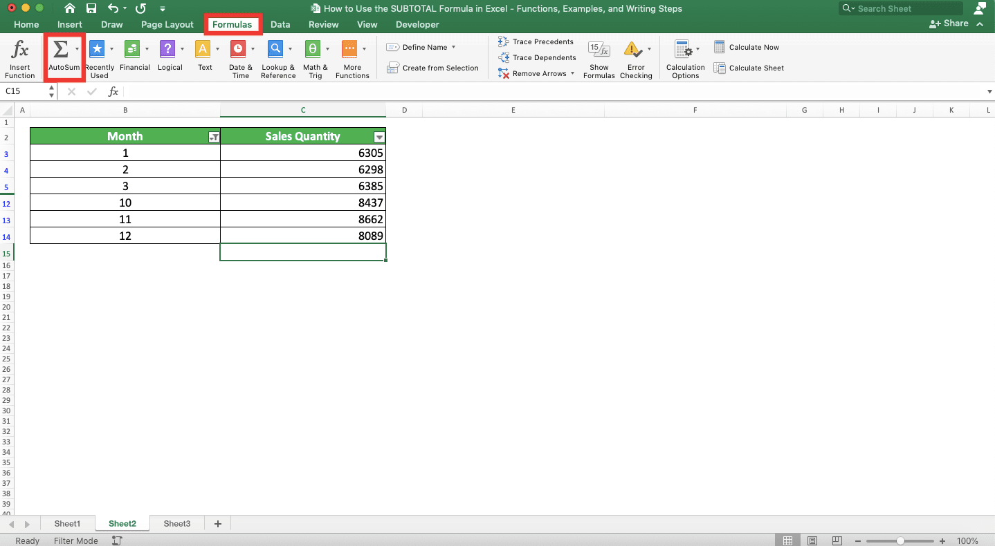 How to Use the SUBTOTAL Formula in Excel: Functions, Examples, and Writing Steps - Screenshot of the AutoSum Button Location in the Formulas Tab