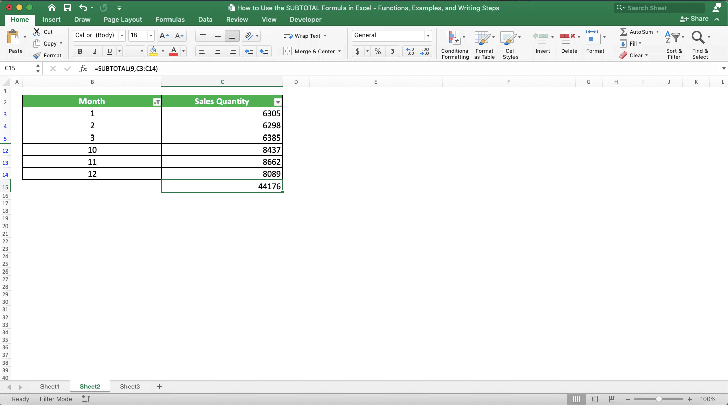 How to Use the SUBTOTAL Formula in Excel: Functions, Examples, and Writing Steps - Screenshot of the AutoSum Result Example to Create a SUBTOTAL Formula in Excel