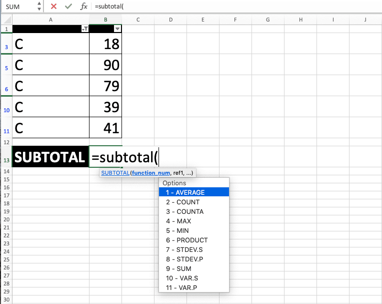 How to Use the SUBTOTAL Formula in Excel: Functions, Examples, and Writing Steps - Screenshot of Step 2