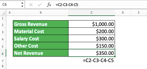 Using SUM as a Subtraction Formula in Excel - Screenshot of the Manual Subtraction Formula Writing Implementation Example
