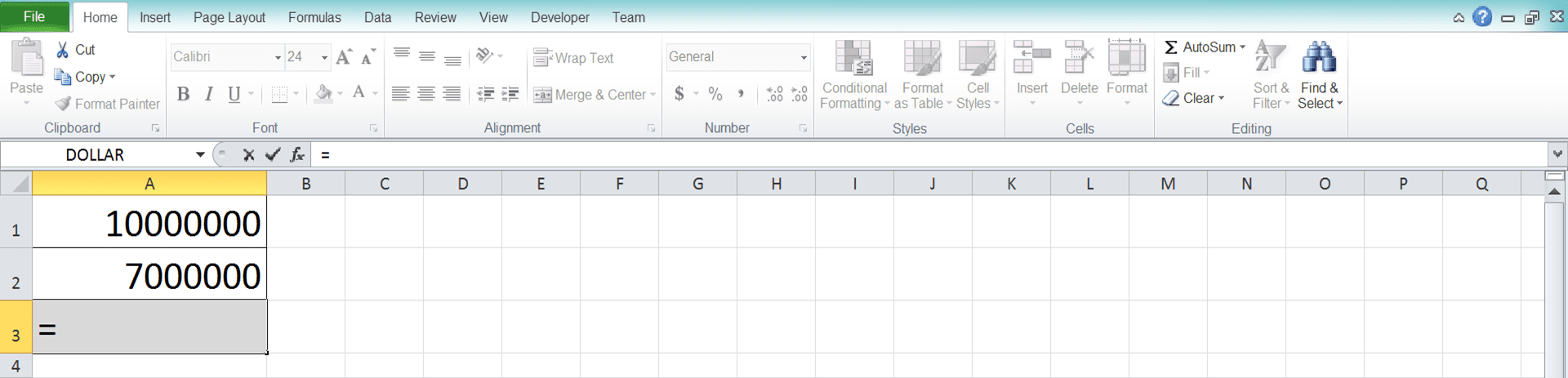 Using SUM as a Subtraction Formula in Excel - Screenshot of Step 1