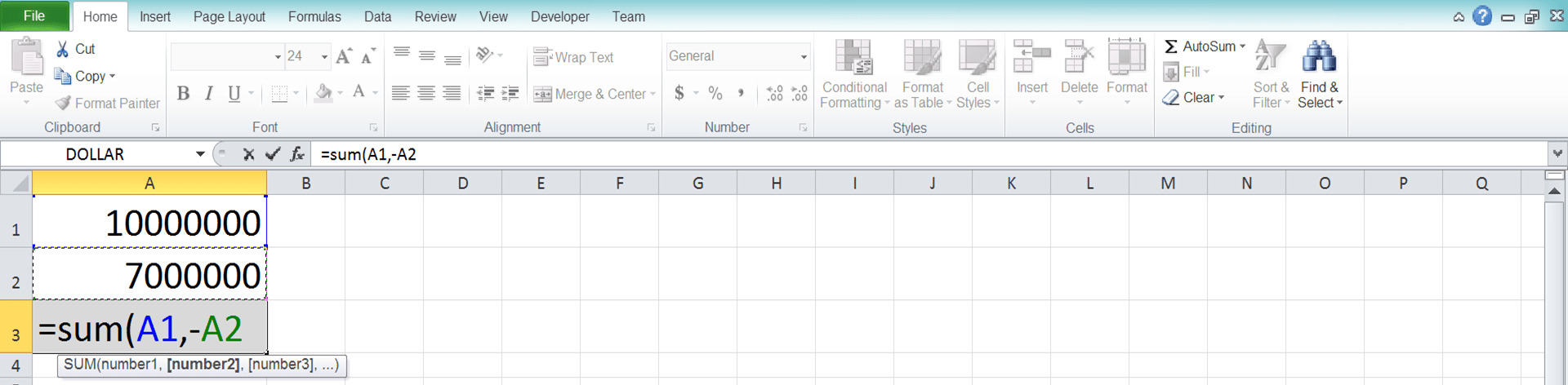 Using SUM as a Subtraction Formula in Excel - Screenshot of Step 3