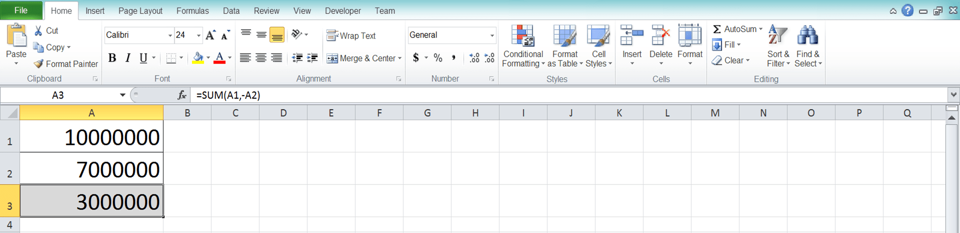 Using SUM as a Subtraction Formula in Excel - Screenshot of Step 6