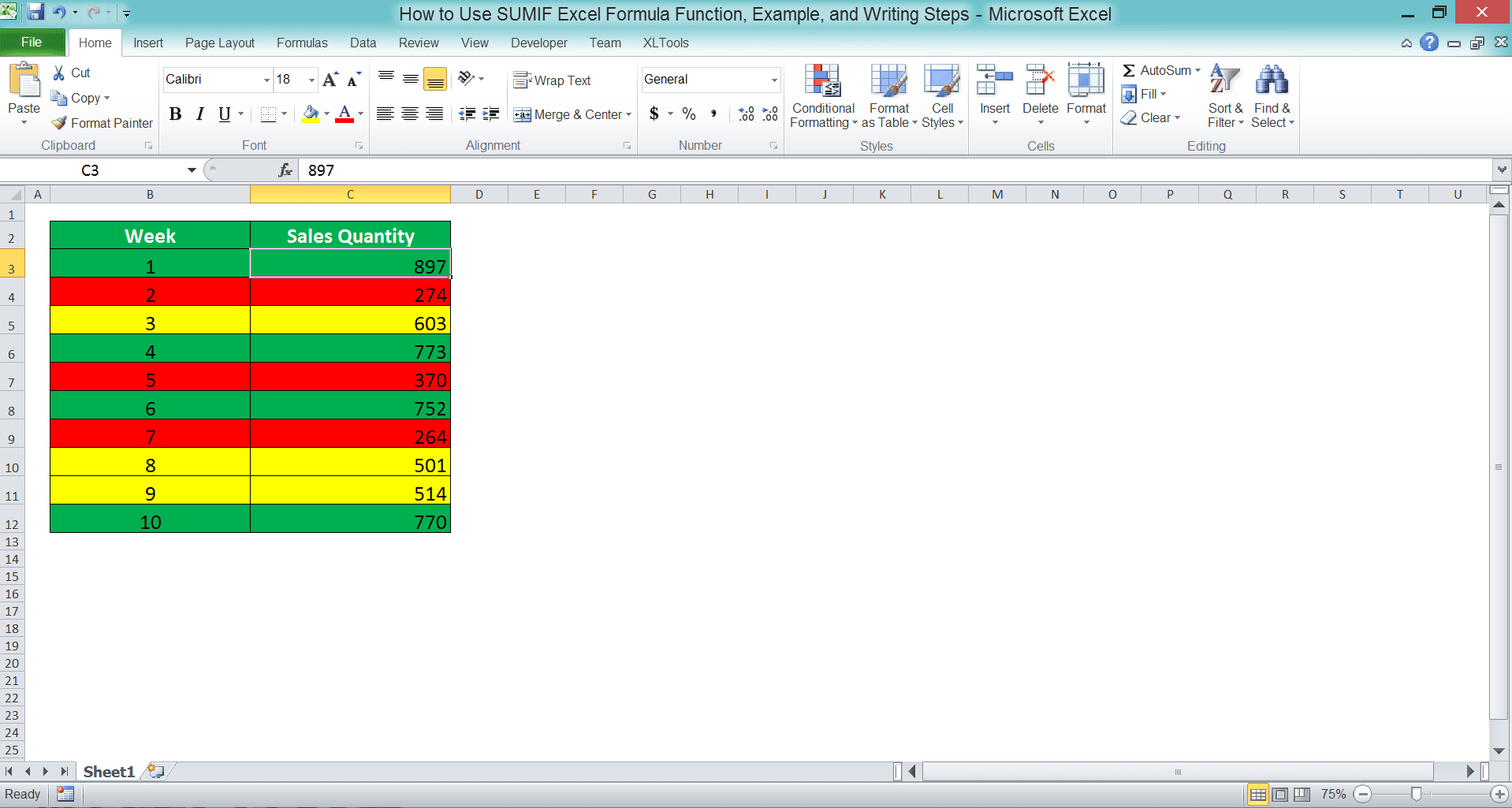 How to Use SUMIF Excel Formula: Function, Example, and Writing Steps - Screenshot of the Data Table for the Color Criterion Sum Process Example Using XLTools