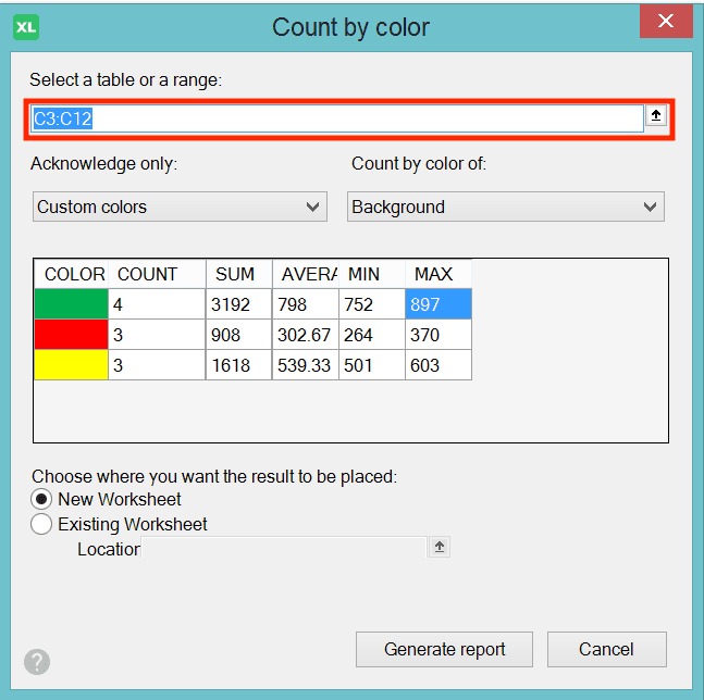 How to Use SUMIF Excel Formula: Function, Example, and Writing Steps - Screenshot of the Text Box in the XLTools Count by Color Dialog Box
