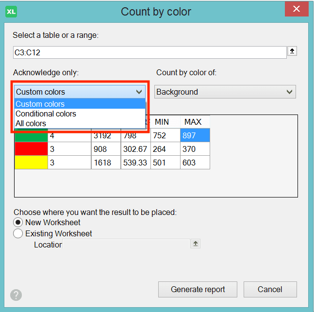 How to Use SUMIF Excel Formula: Function, Example, and Writing Steps - Screenshot of the Dropdown 1 in the XLTools Count by Color Dialog Box