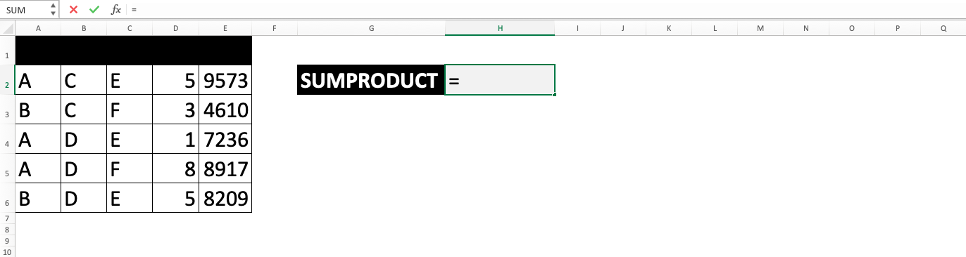 Excel SUMPRODUCT Function - Screenshot of Step 1-1