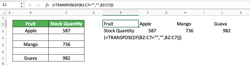 How to Use the TRANSPOSE Formula in Excel: Functions, Examples, and Writing Steps - Screenshot of the TRANSPOSE IF Implementation Example