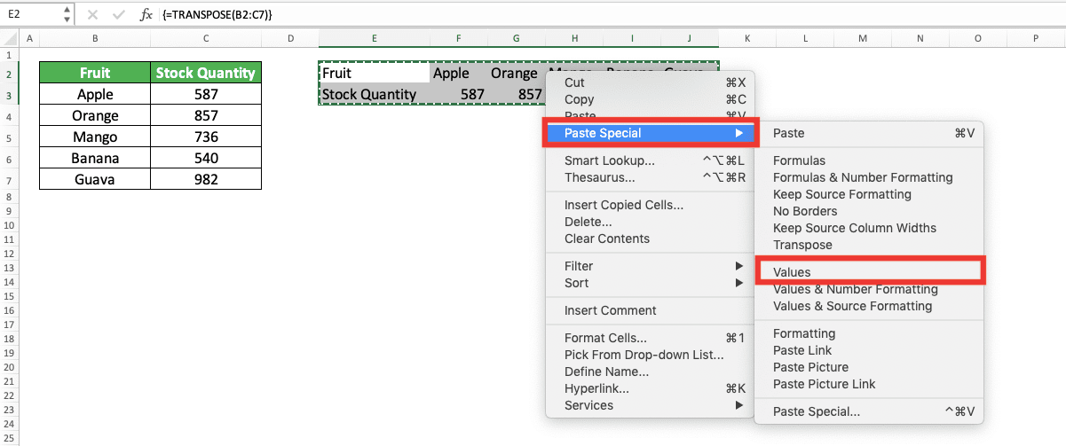 How to Use the TRANSPOSE Formula in Excel: Functions, Examples, and Writing Steps - Screenshot of the Paste Special and Paste Value Choices Location