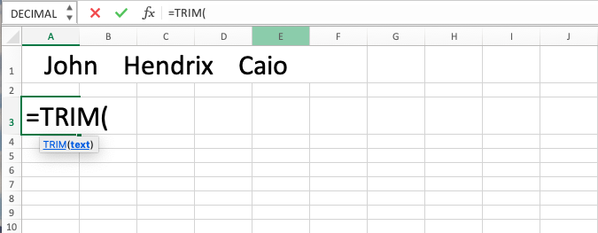 TRIM Excel Function - Screenshot of Step 2