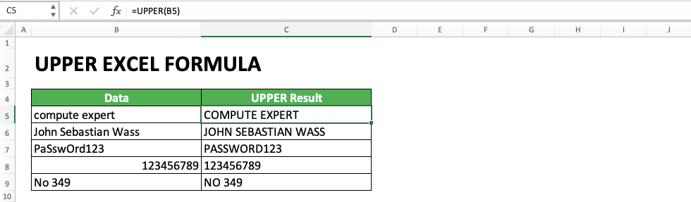 How to Use UPPER Excel Formula - Screenshot of Example