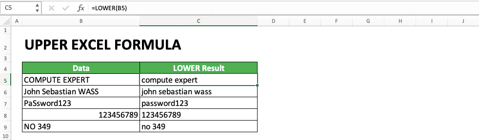 How to Use UPPER Excel Formula - Screenshot of LOWER usage