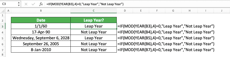 How to Use the YEAR Formula in Excel: Functions, Examples, and Writing Steps - Screenshot of the IF MOD YEAR Implementation Example to Identify Whether a Date is in a Leap Year