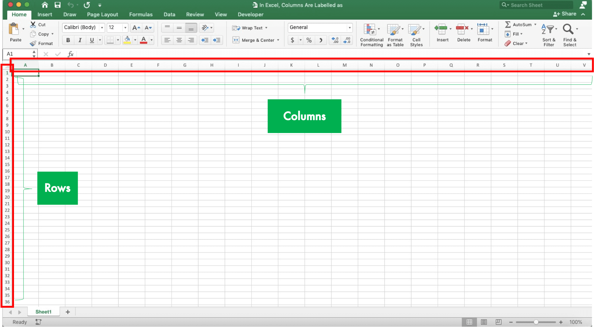 In Excel, Columns Are Labelled as … - Screenshot of the Column Letter and Row Number Labels in Excel