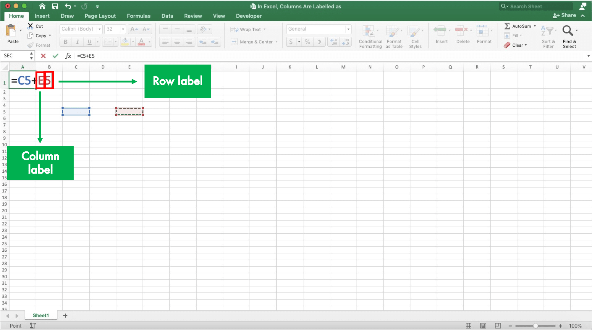 In Excel, Columns Are Labelled as … - Screenshot of the Column Letter and Row Number Labels in an Excel Formula's Cell Reference