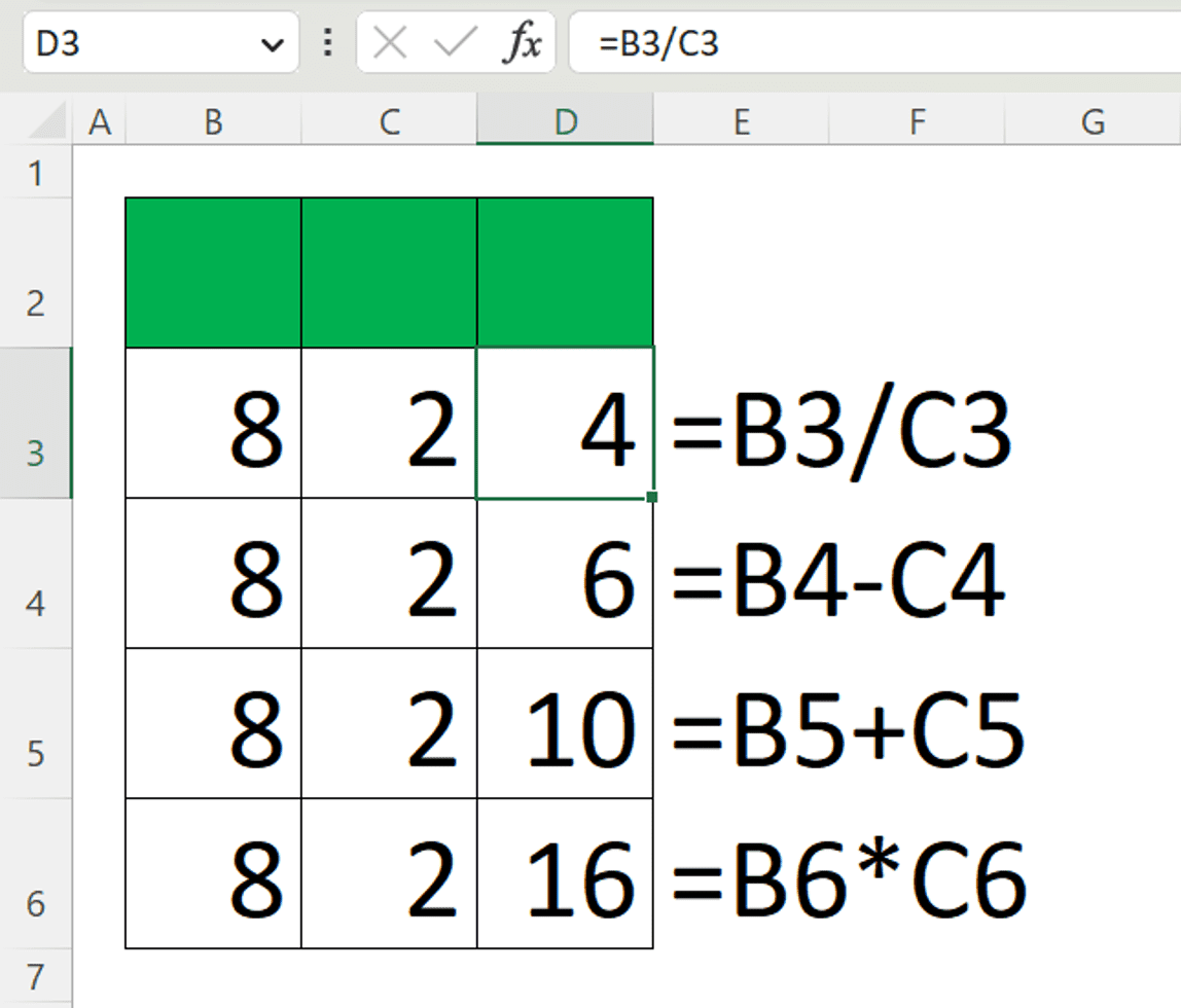 Which Among the Following is the Divide Symbol in Excel? - Screenshot of Result Examples from Calculation with Four Symbols