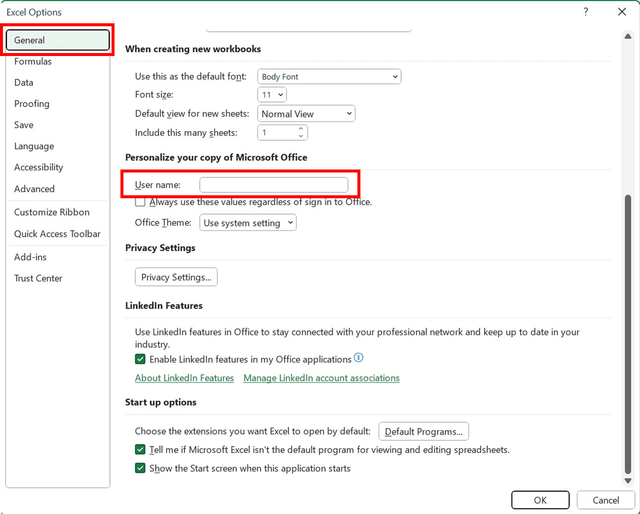 Which Category in the Excel Options Dialog Box Contains the Option to Change the User Name? - Screenshot of the General Category and the User Name Text Box in It in the Options Dialog Box