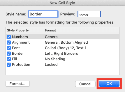 How to Add Borders in Excel - Screenshot of Creating and Saving a Custom Border Style, Step 6