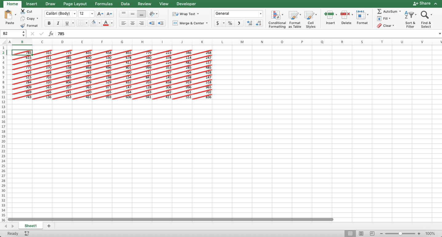 How to Add Borders in Excel - Screenshot of the Result Example After Adding Diagonal Lines on a Cell Range