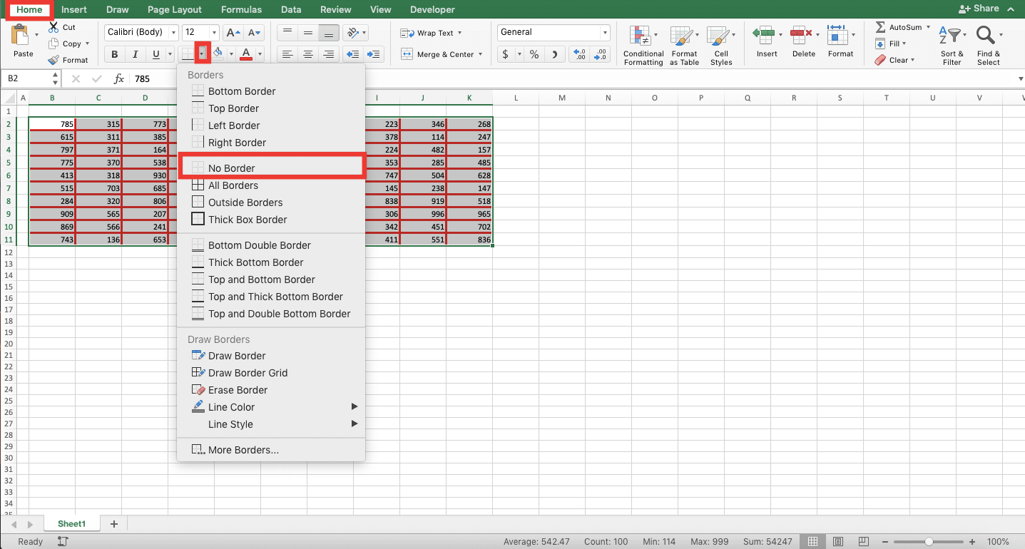 How to Add Borders in Excel - Screenshot of the Home Tab, Border's Dropdown Button, and Its No Border Choice Location