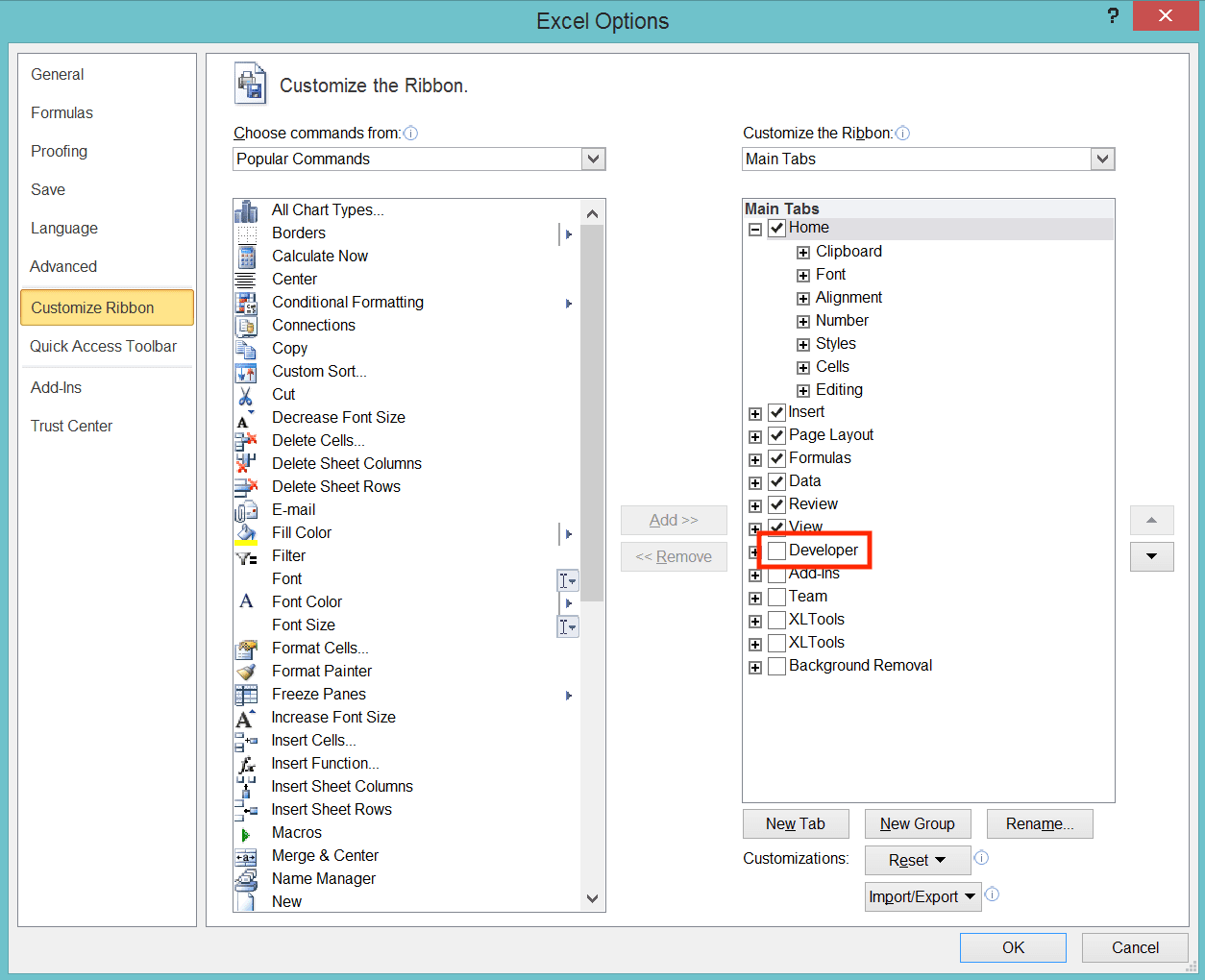 How to Add the Developer Tab in Excel - Screenshot of Step 3-1