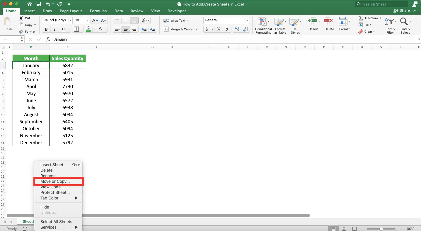 How to Add/Create Sheets in Excel - Screenshot of the Copy Method, Step 1
